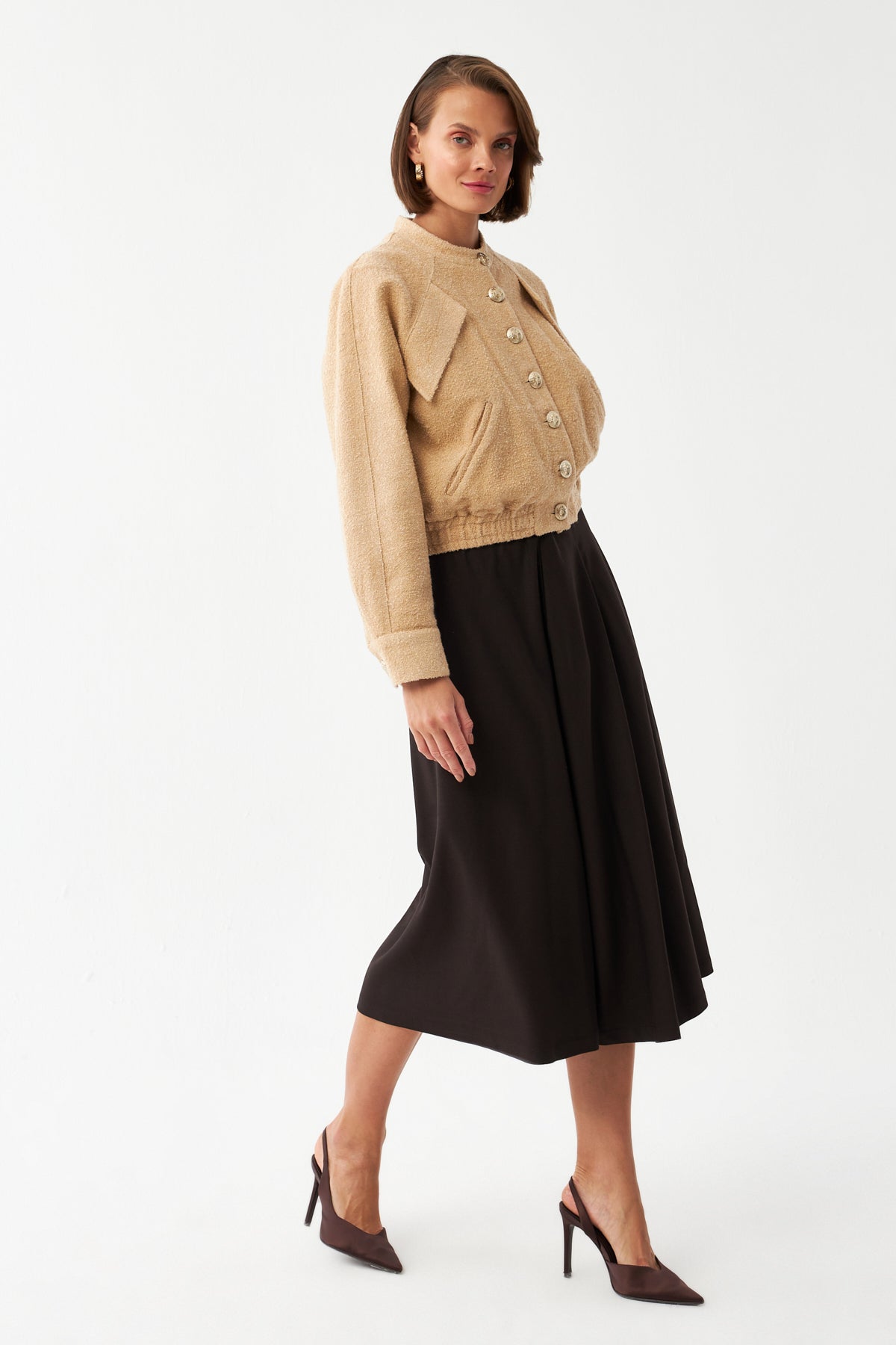 Dokulu Bomber Ceket BEJ