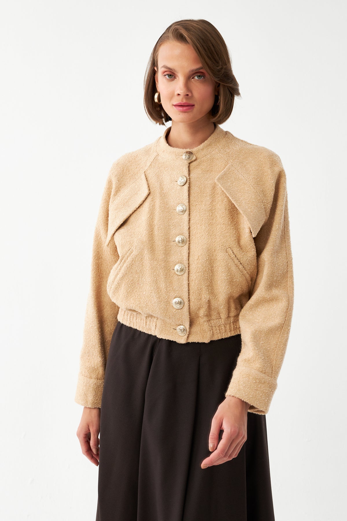 Dokulu Bomber Ceket BEJ