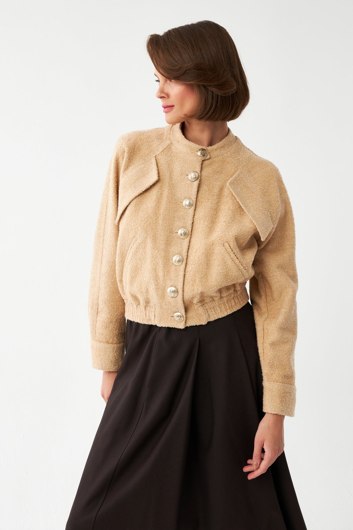 Dokulu Bomber Ceket BEJ