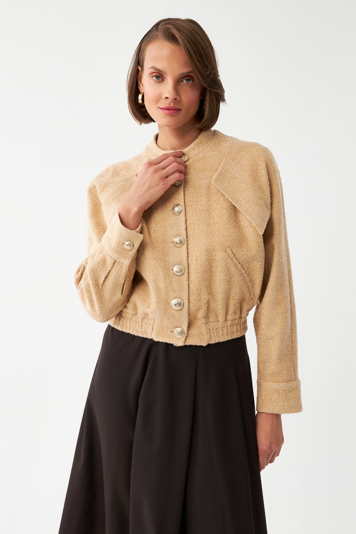 Dokulu Bomber Ceket BEJ