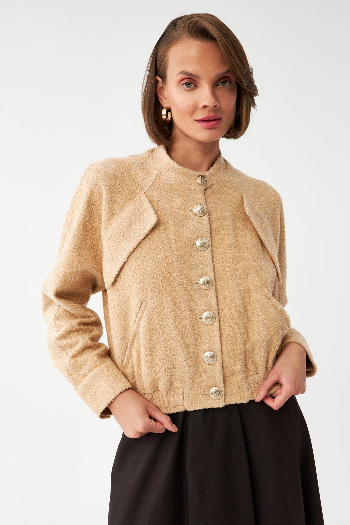 Dokulu Bomber Ceket BEJ