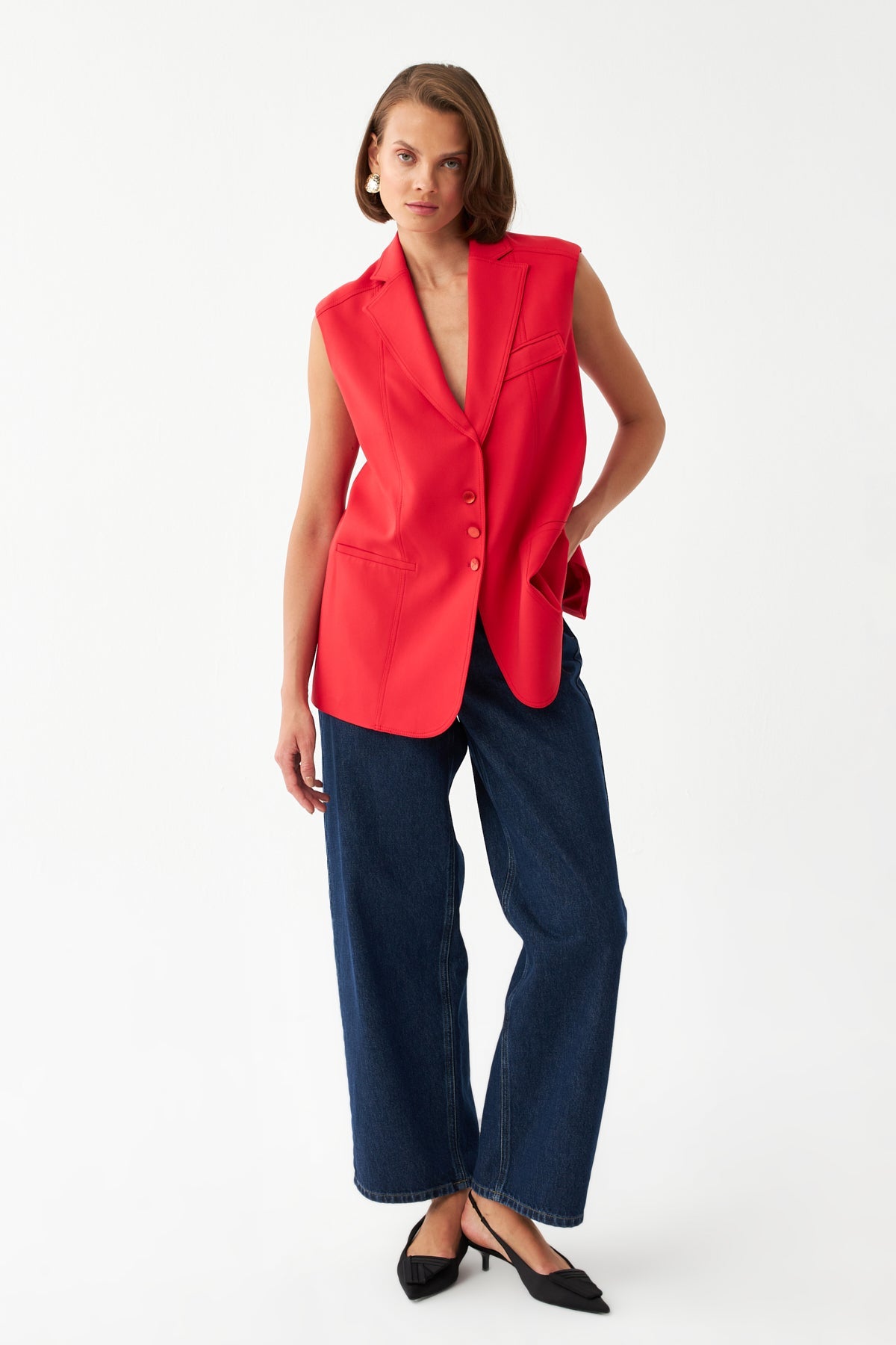 Kolsuz Kırmızı Blazer Yelek
