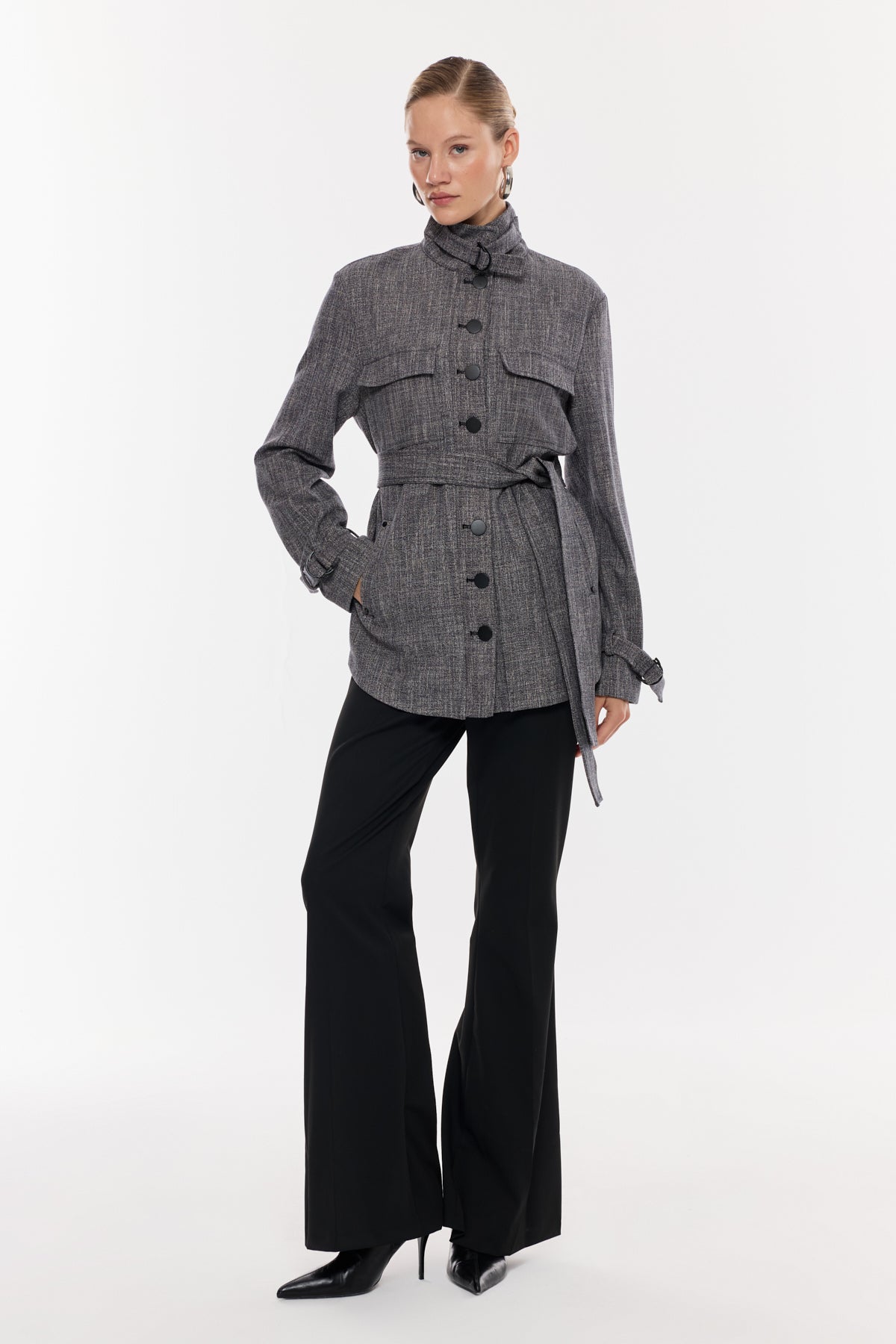 Kruvaze Kuşaklı Gri Kadın Ceket