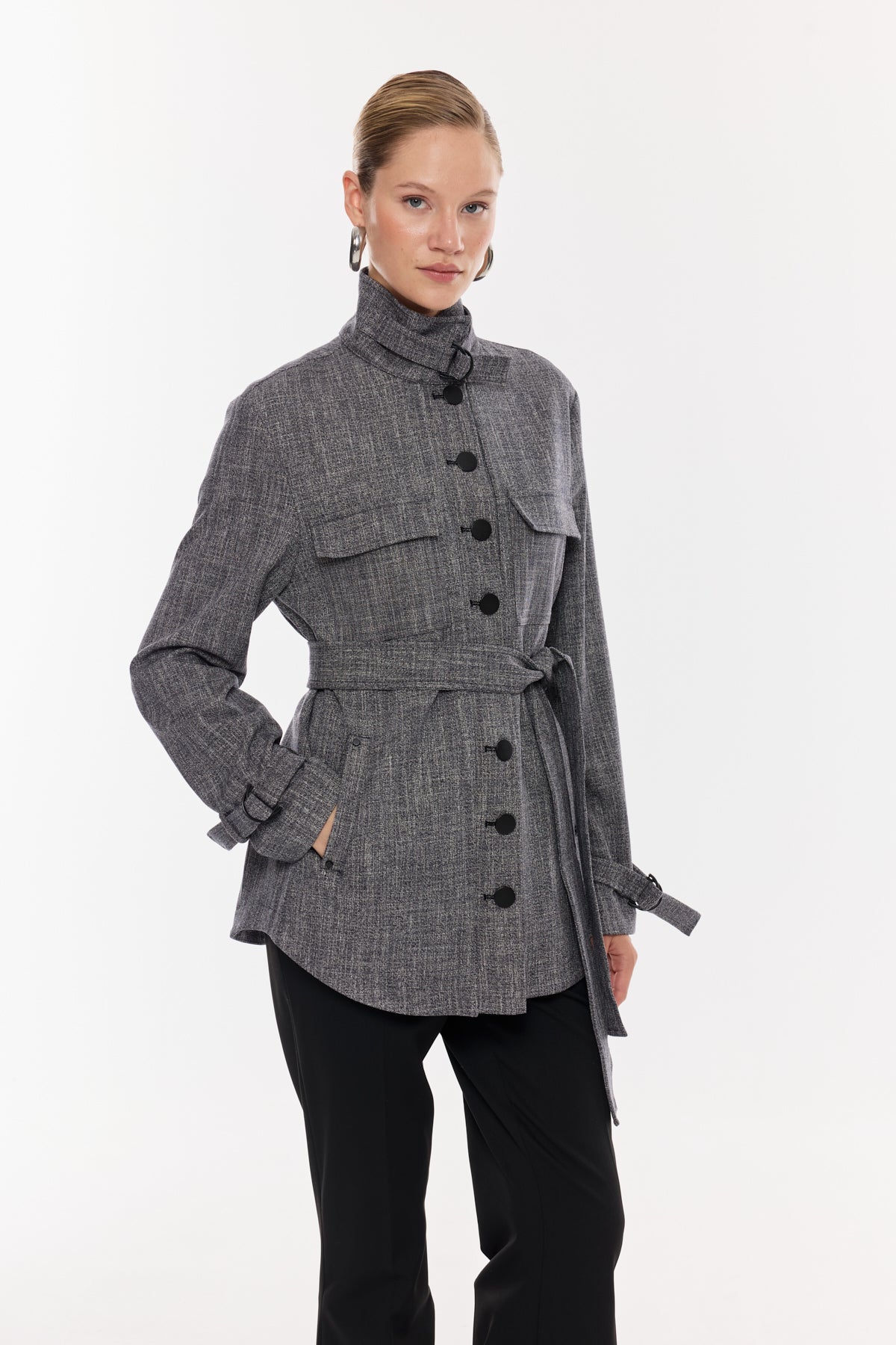 Kruvaze Kuşaklı Gri Kadın Ceket