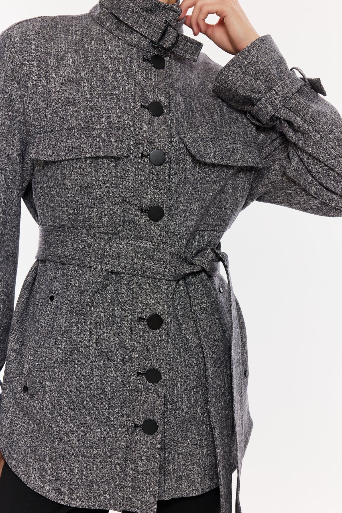 Kruvaze Kuşaklı Gri Kadın Ceket