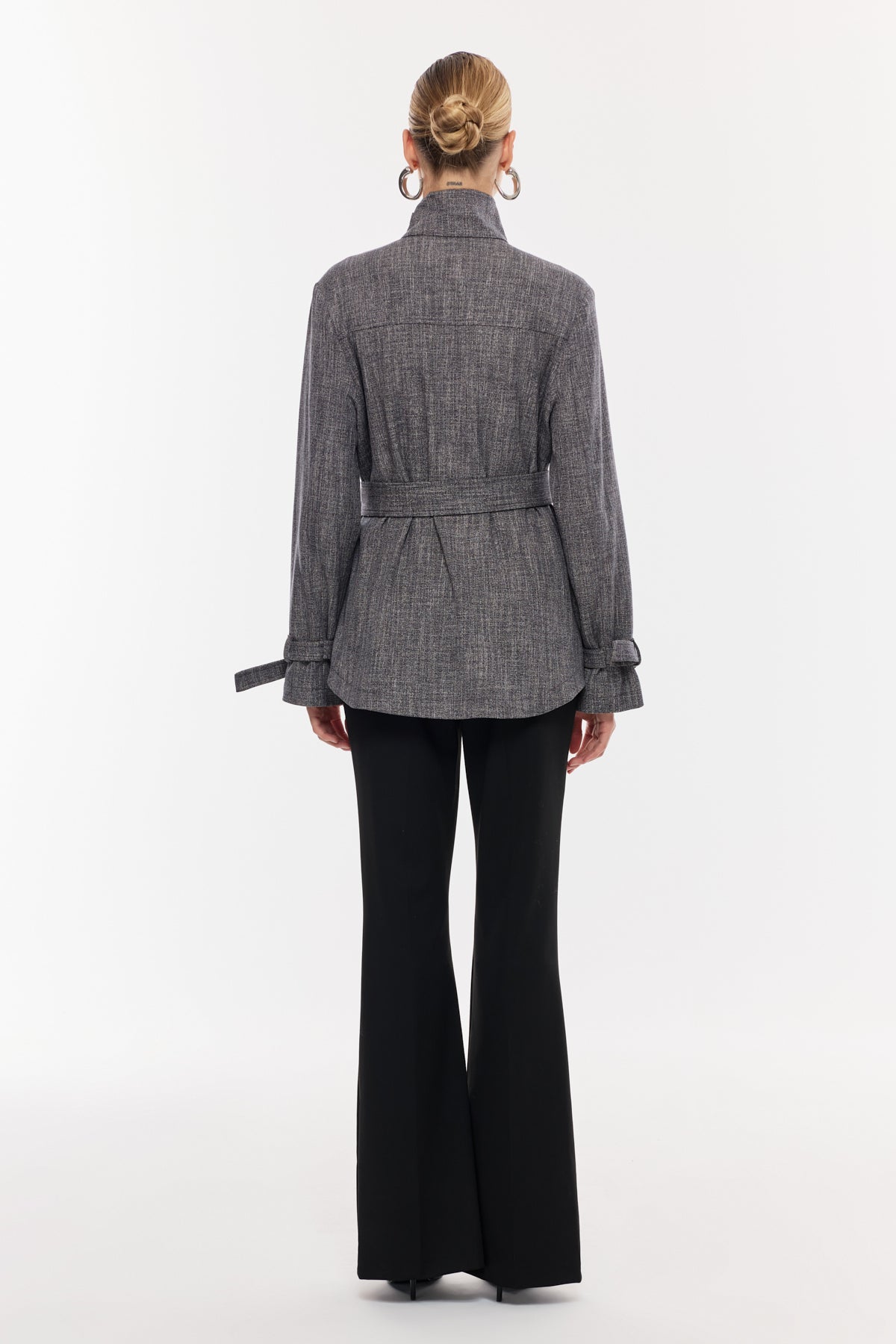 Kruvaze Kuşaklı Gri Kadın Ceket