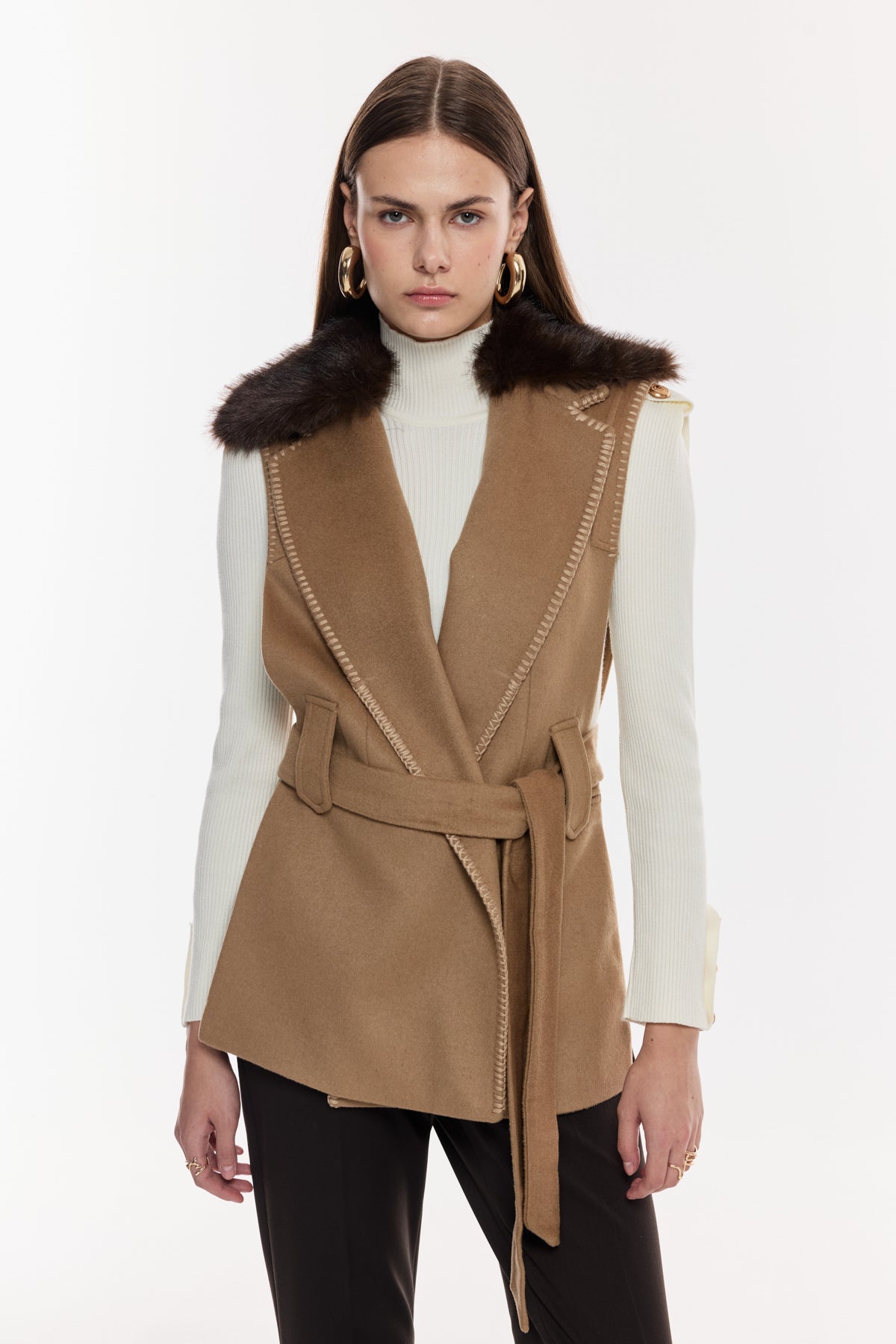 Kürk Yaka Kuşaklı Şık Yelek