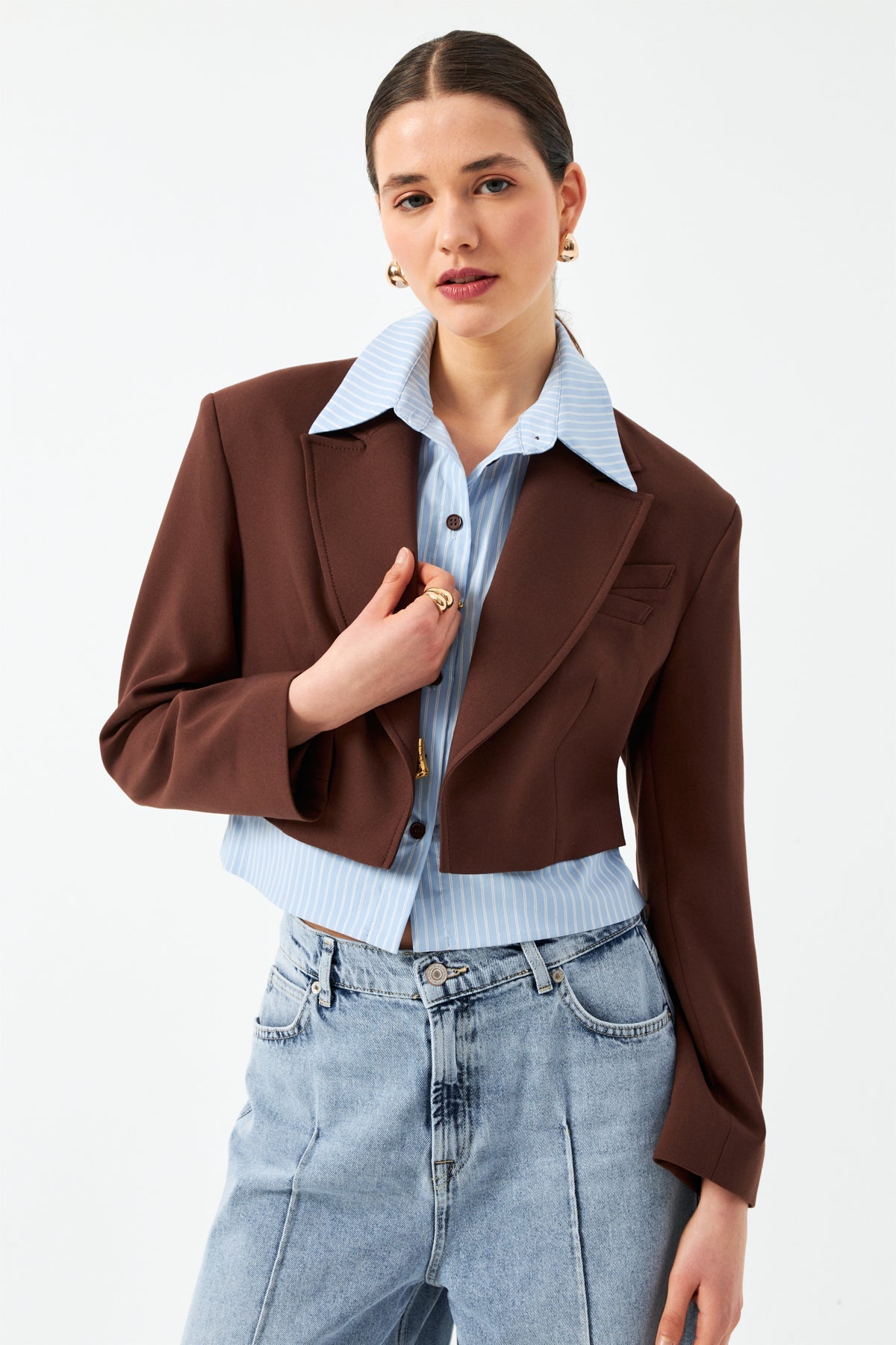 Düğmeli Kısa Blazer Ceket - Kahverengi