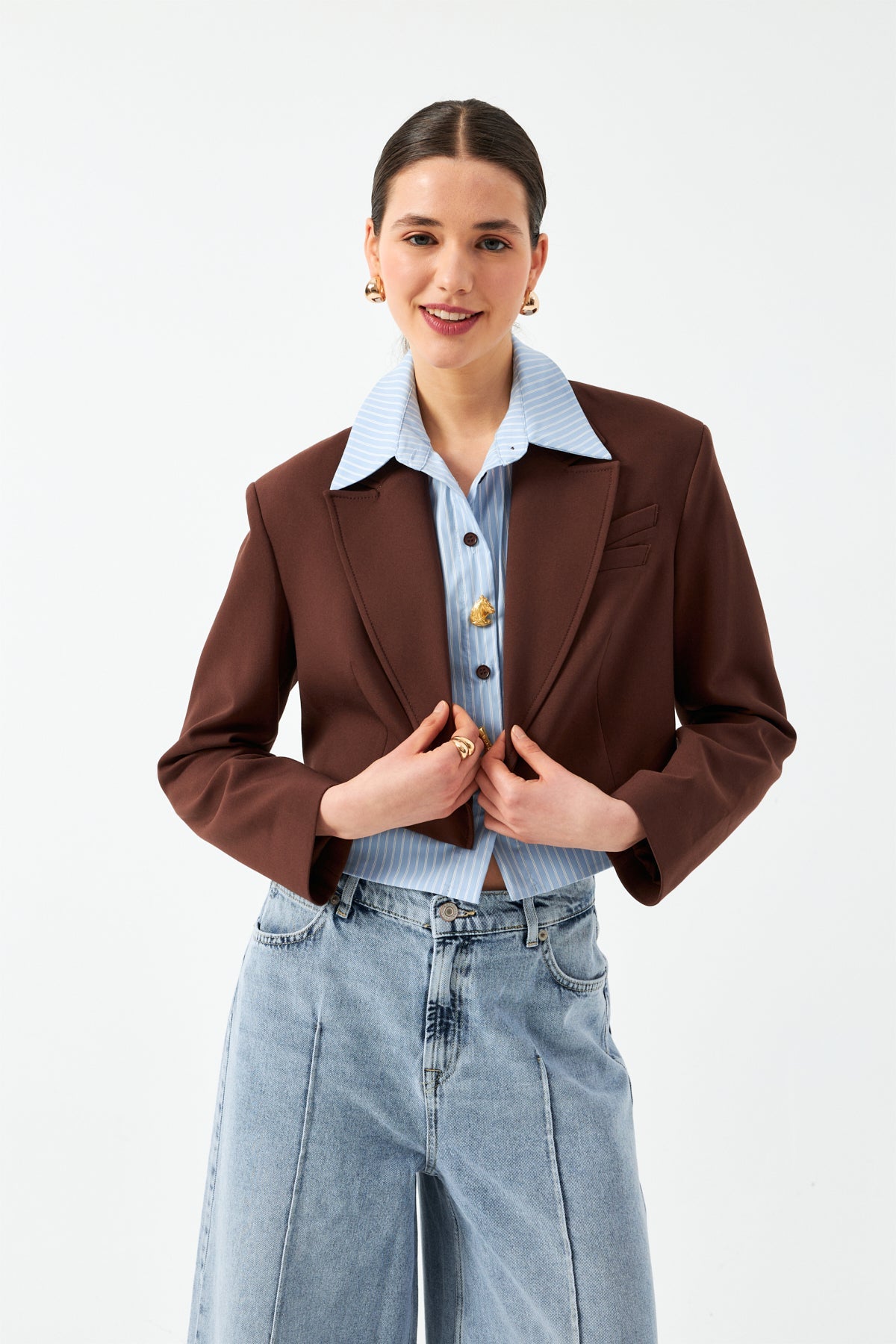 Düğmeli Kısa Blazer Ceket - Kahverengi