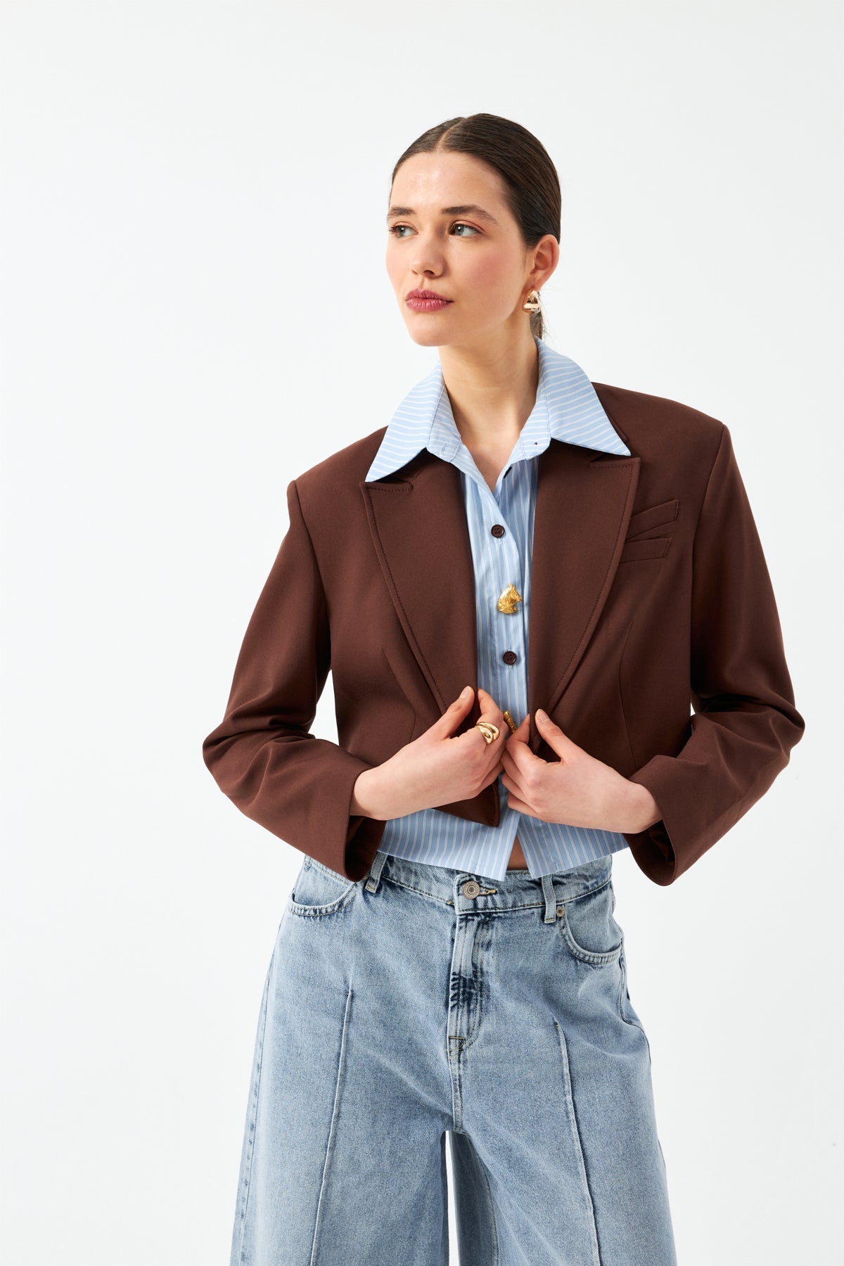 Düğmeli Kısa Blazer Ceket - Kahverengi