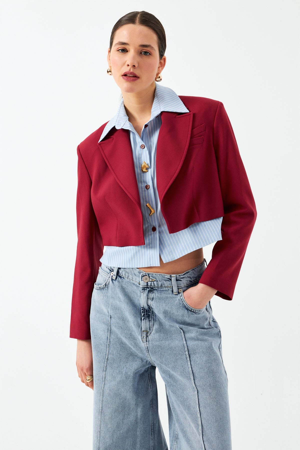 Düğmeli Kısa Blazer Ceket - Vişne
