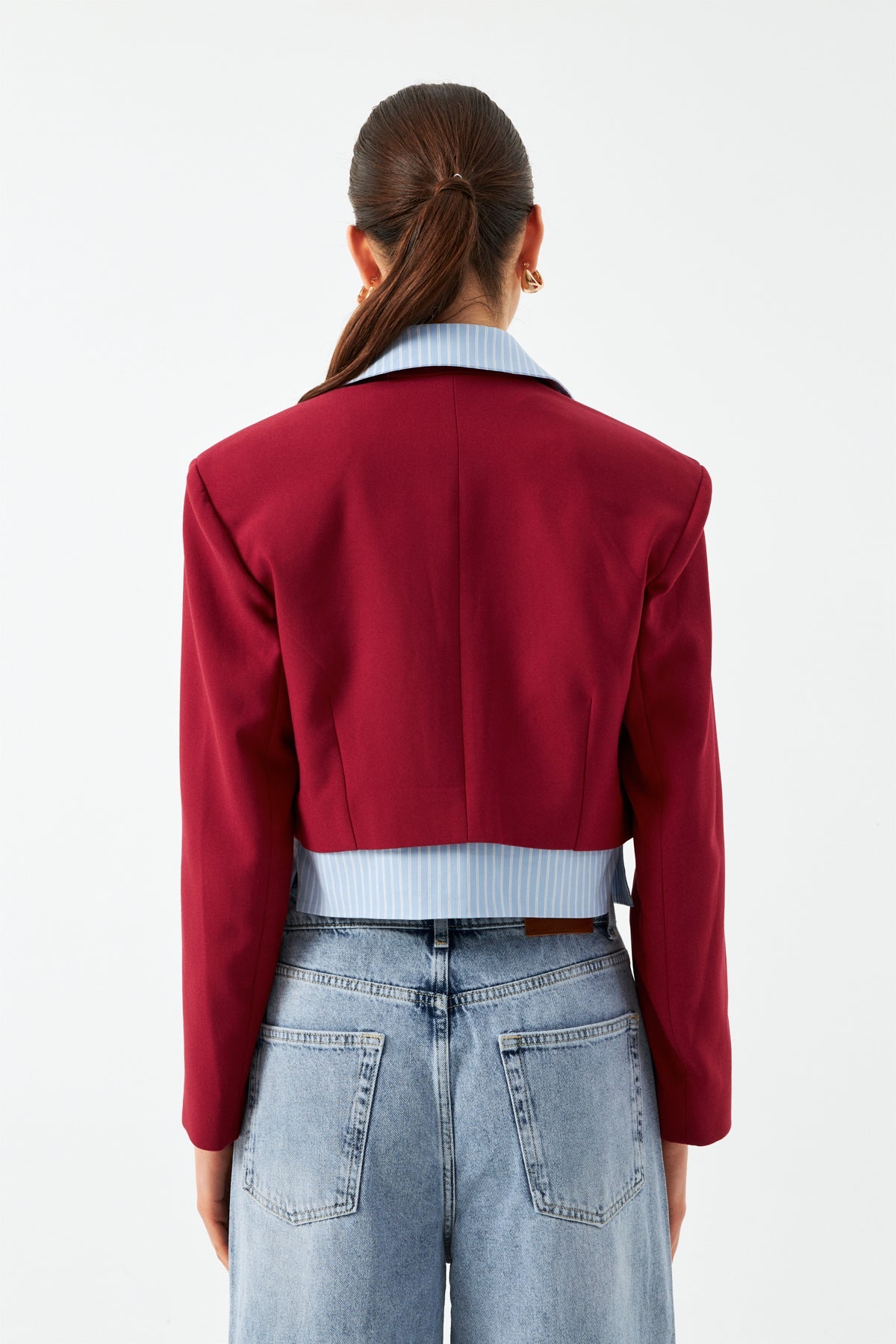 Düğmeli Kısa Blazer Ceket - Vişne