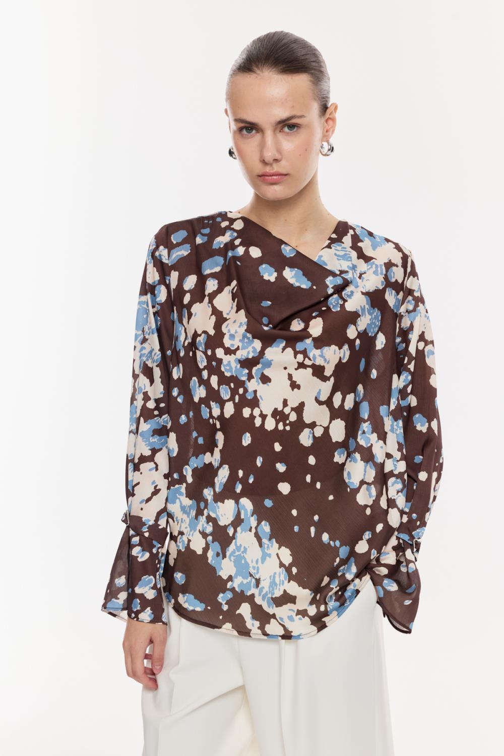 Drapeli Desenli Saten Bluz