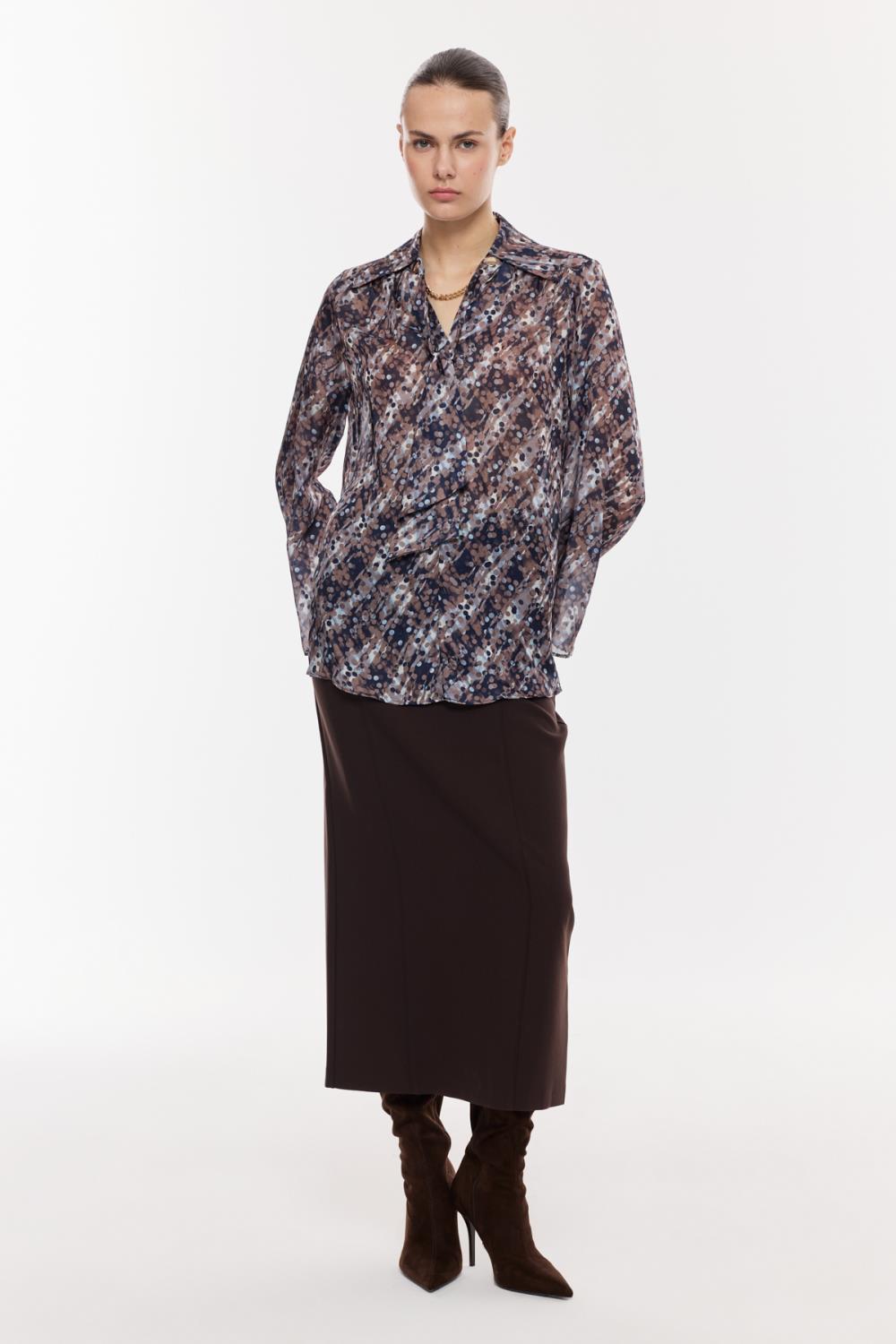 Desenli Şifon Drapeli Bluz