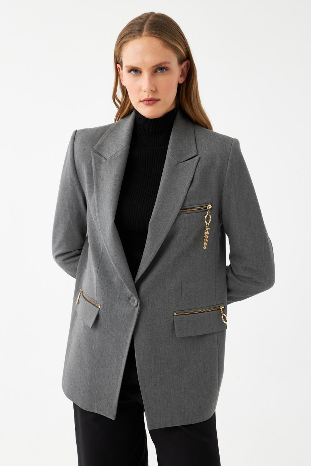 Fermuar Detaylı Blazer Ceket