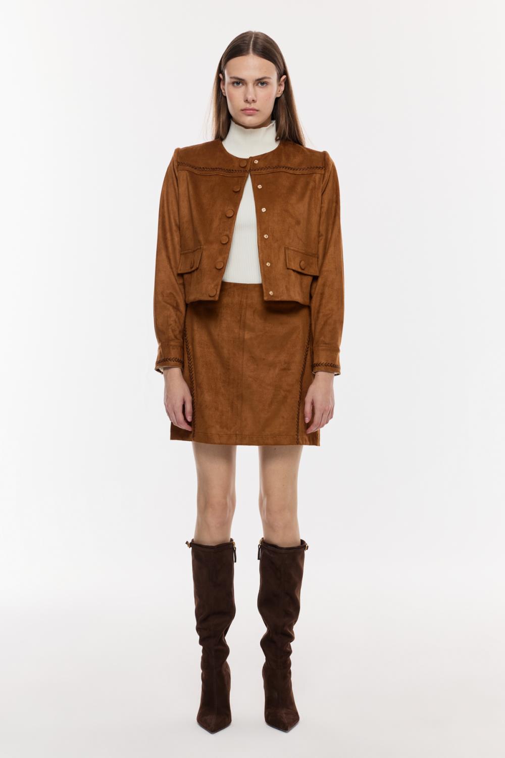 Düğmeli Süet Görünümlü Kısa Ceket