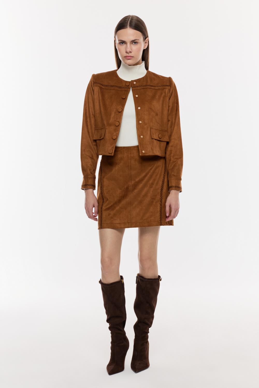 Düğmeli Süet Görünümlü Kısa Ceket