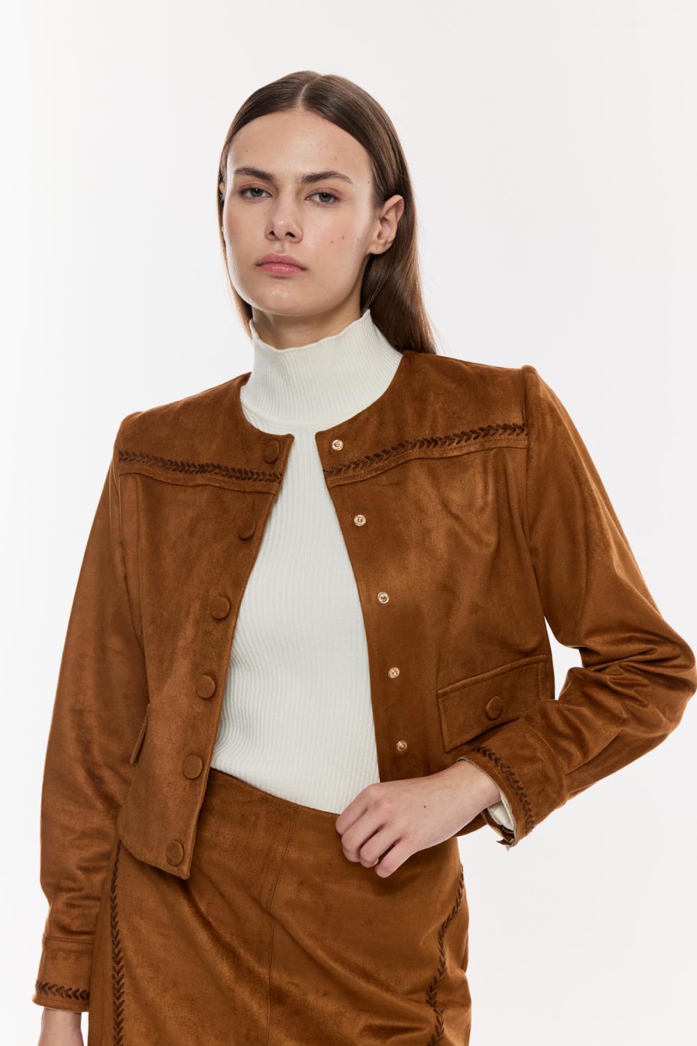 Düğmeli Süet Görünümlü Kısa Ceket