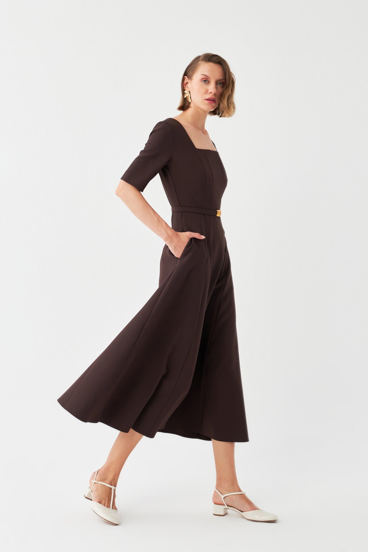 Kare Yaka Midi Elbise