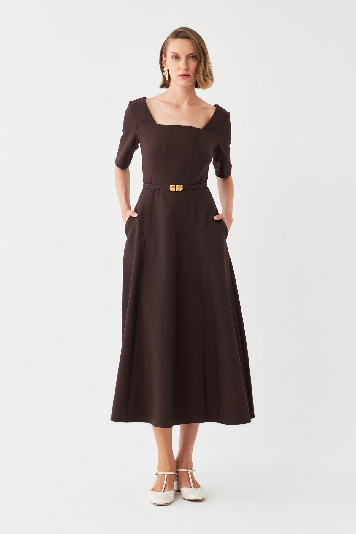 Kare Yaka Midi Elbise