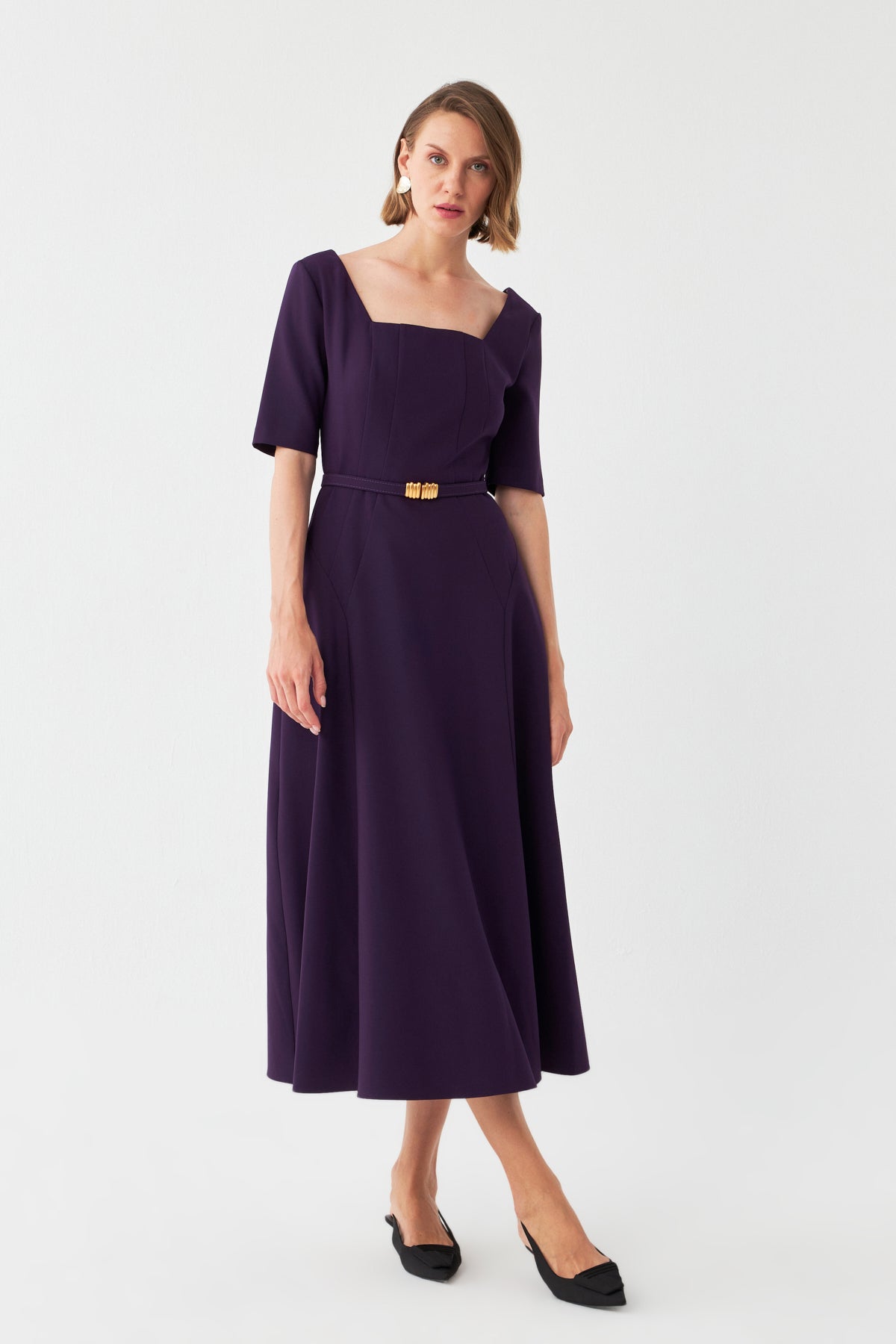 Kare Yaka Midi Elbise