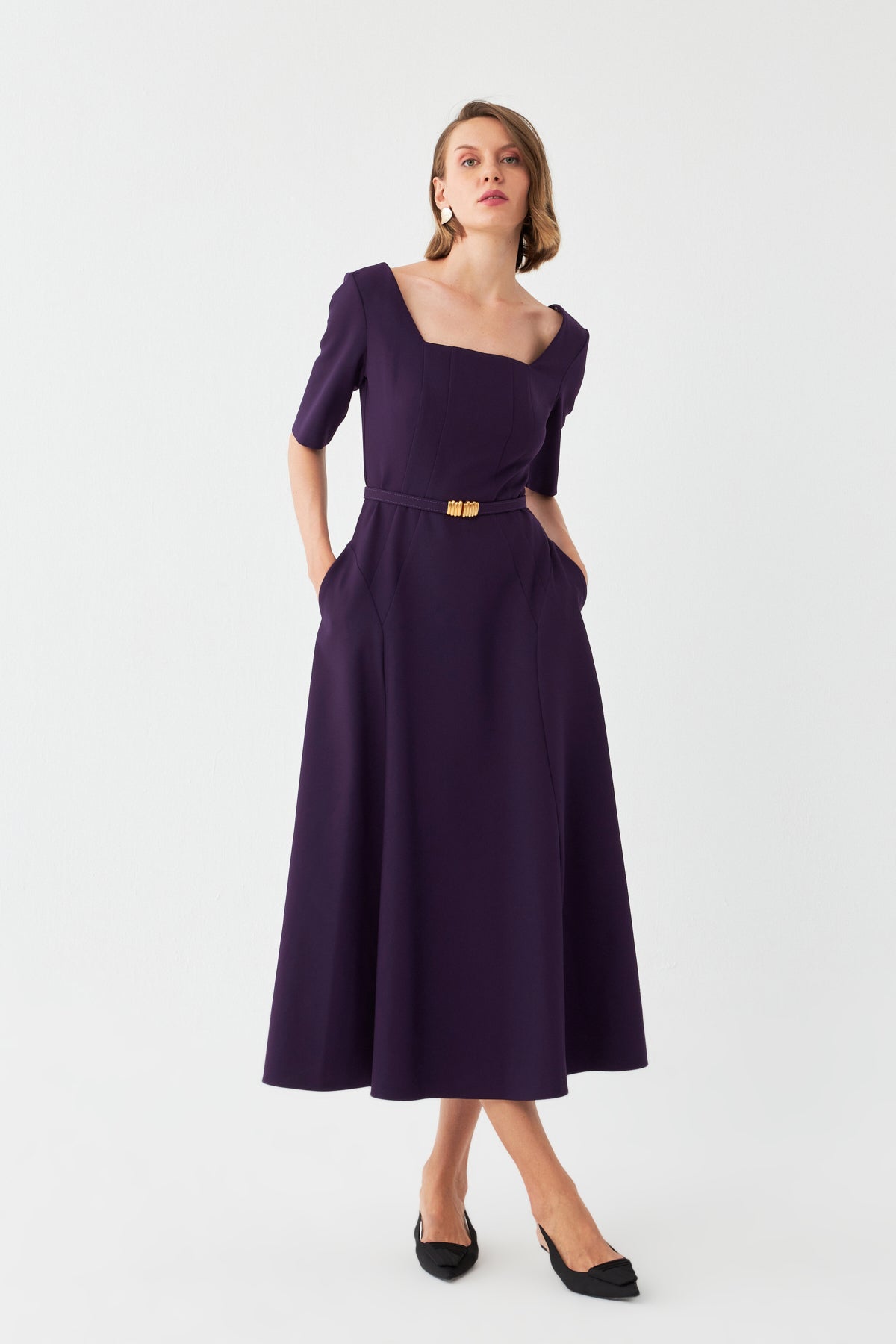 Kare Yaka Midi Elbise