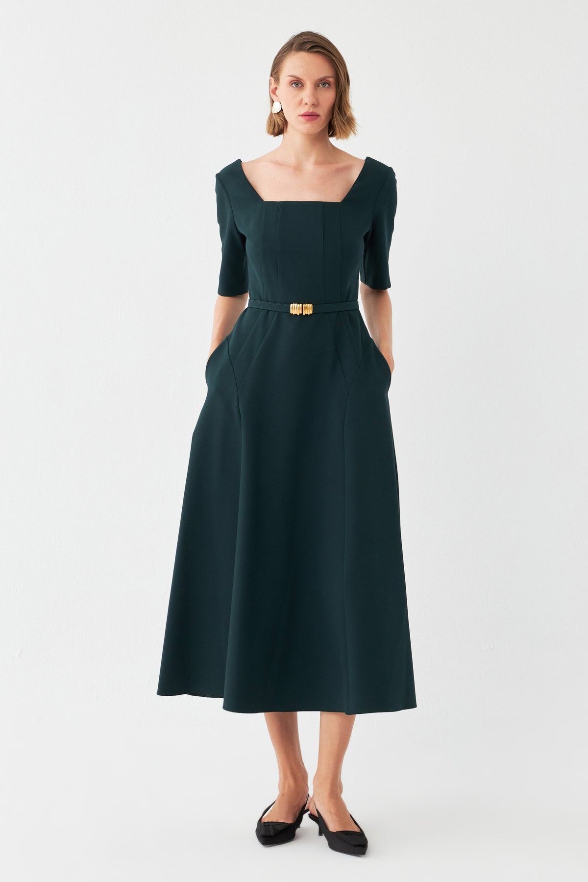 Kare Yaka Midi Elbise