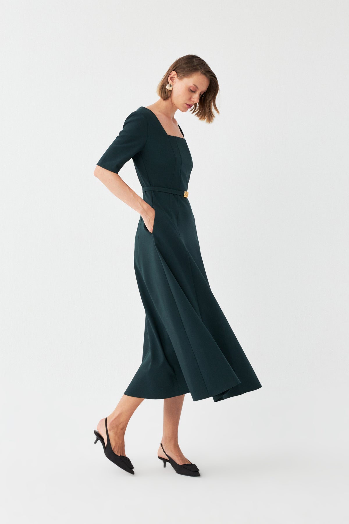 Kare Yaka Midi Elbise