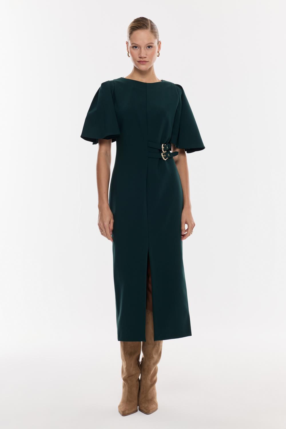 Kemer Detaylı Yırtmaçlı Midi Elbise