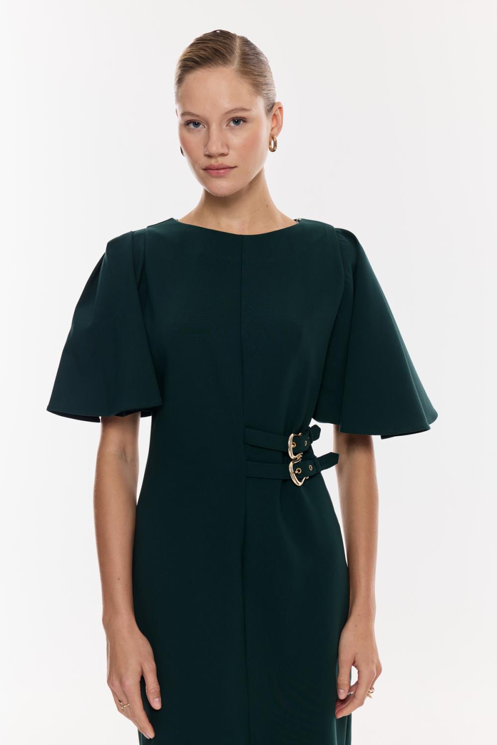 Kemer Detaylı Yırtmaçlı Midi Elbise