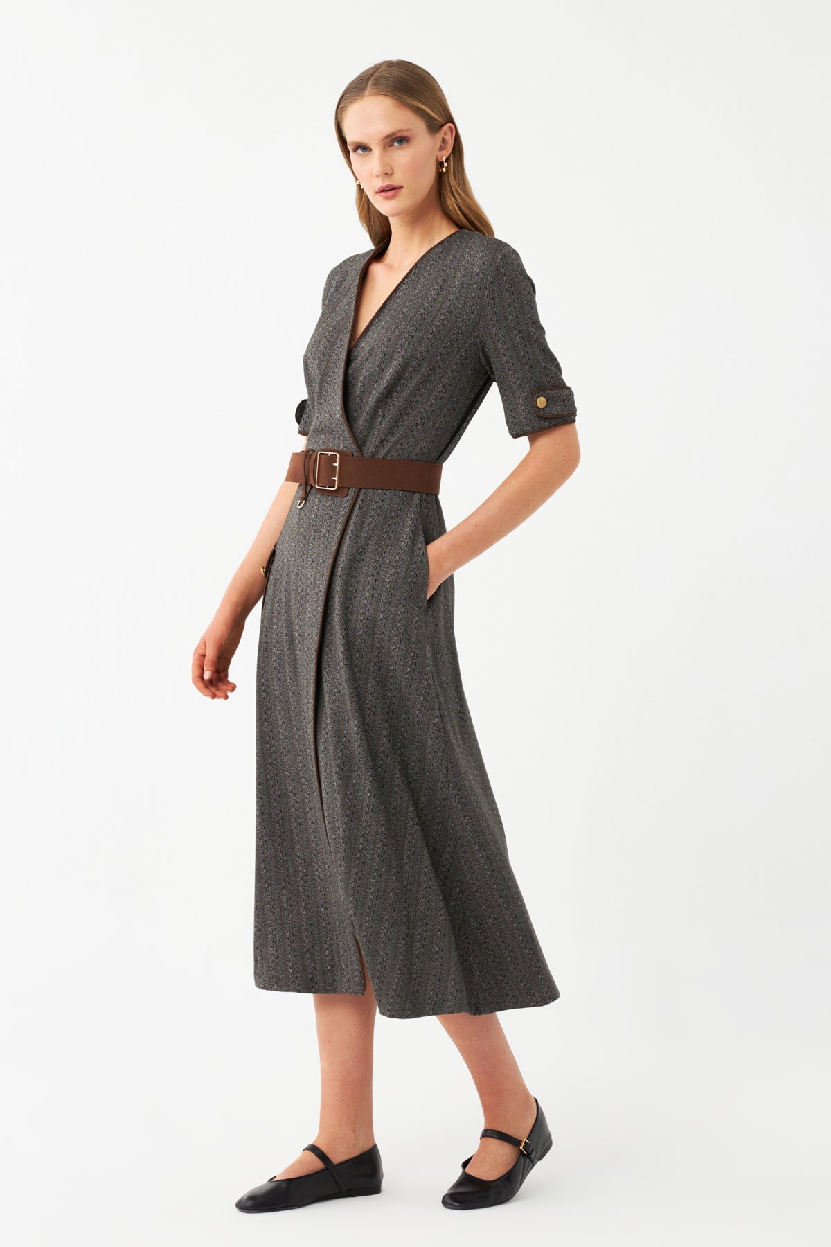 Desenli Kruvaze Midi Elbise