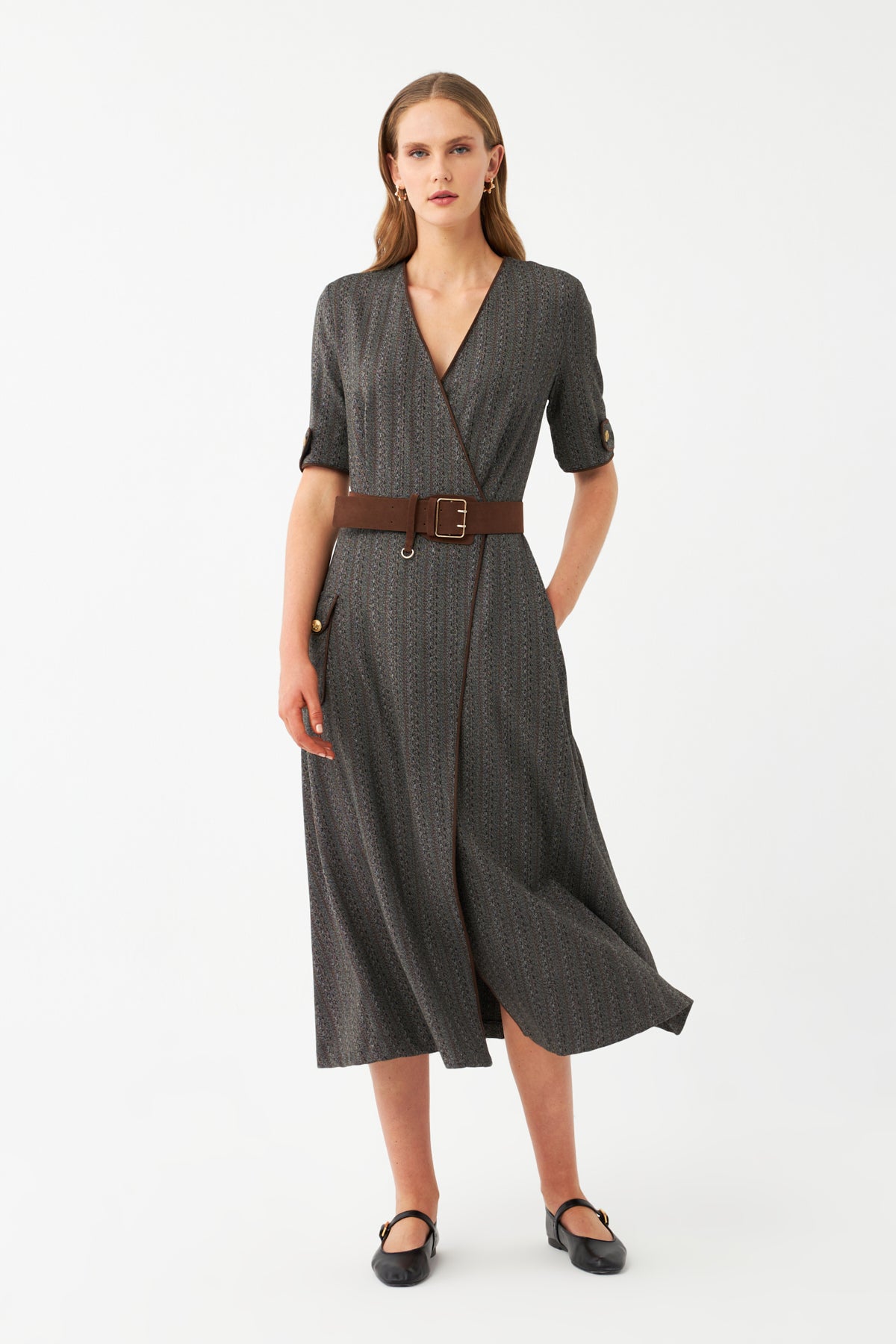 Desenli Kruvaze Midi Elbise