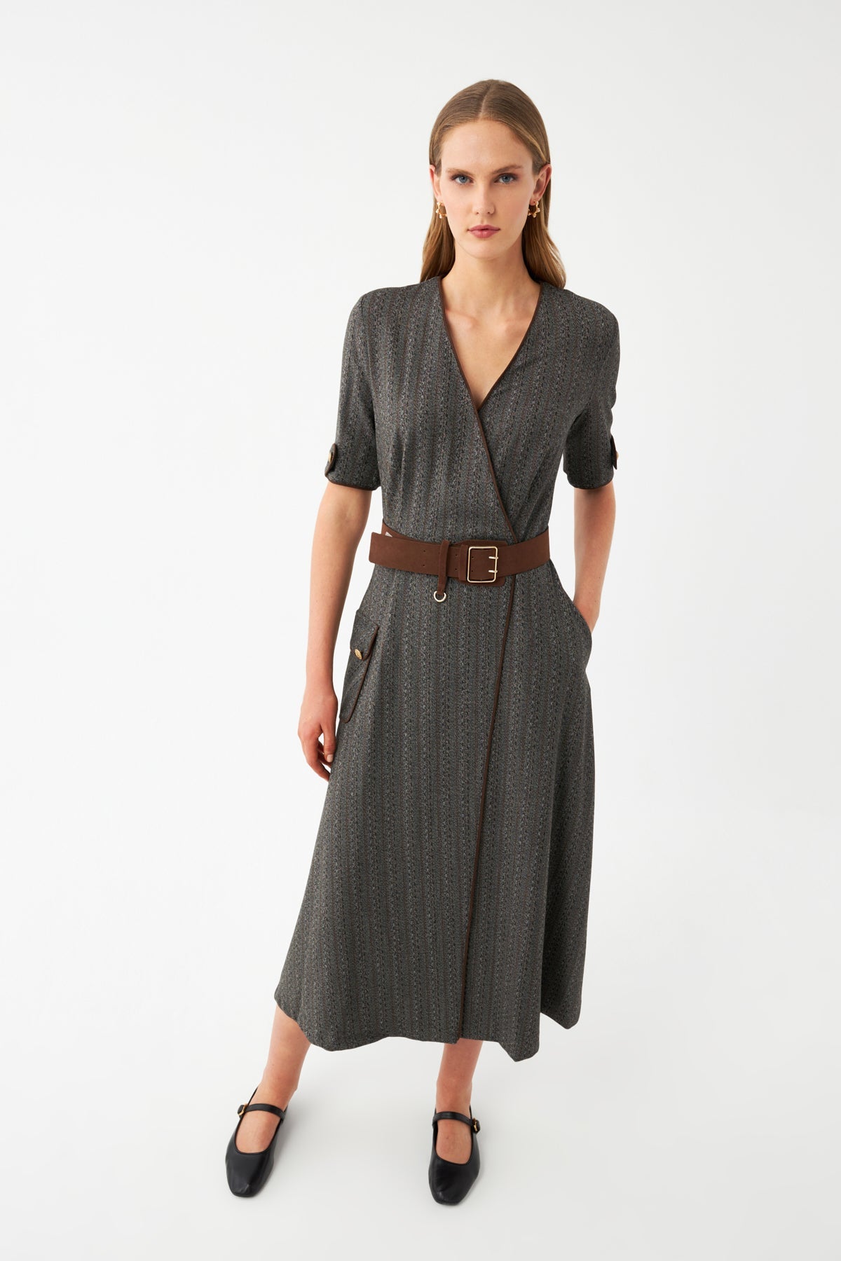 Desenli Kruvaze Midi Elbise