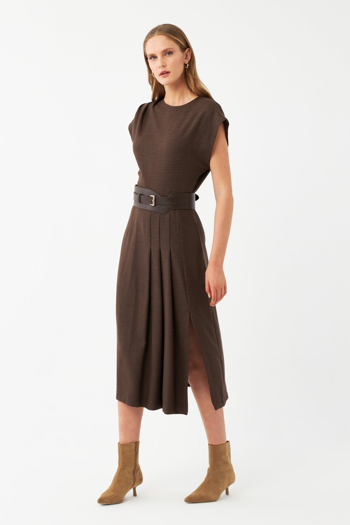 Kolsuz Pileli Midi Elbise