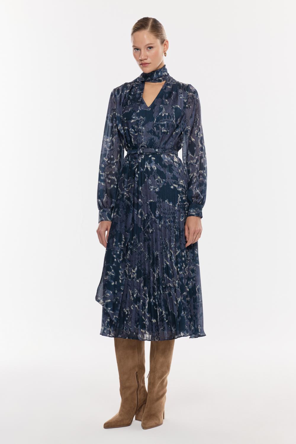 Desenli Şifon Piliseli Midi Elbise