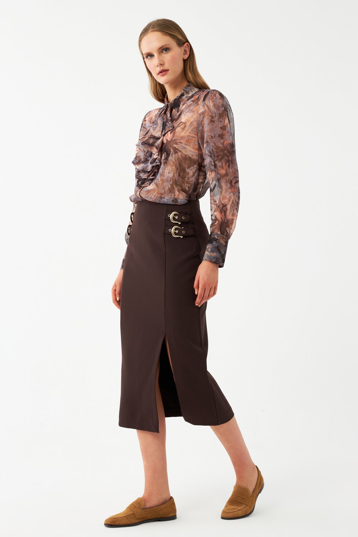 Yırtmaçlı Tokalı Kalem Etek