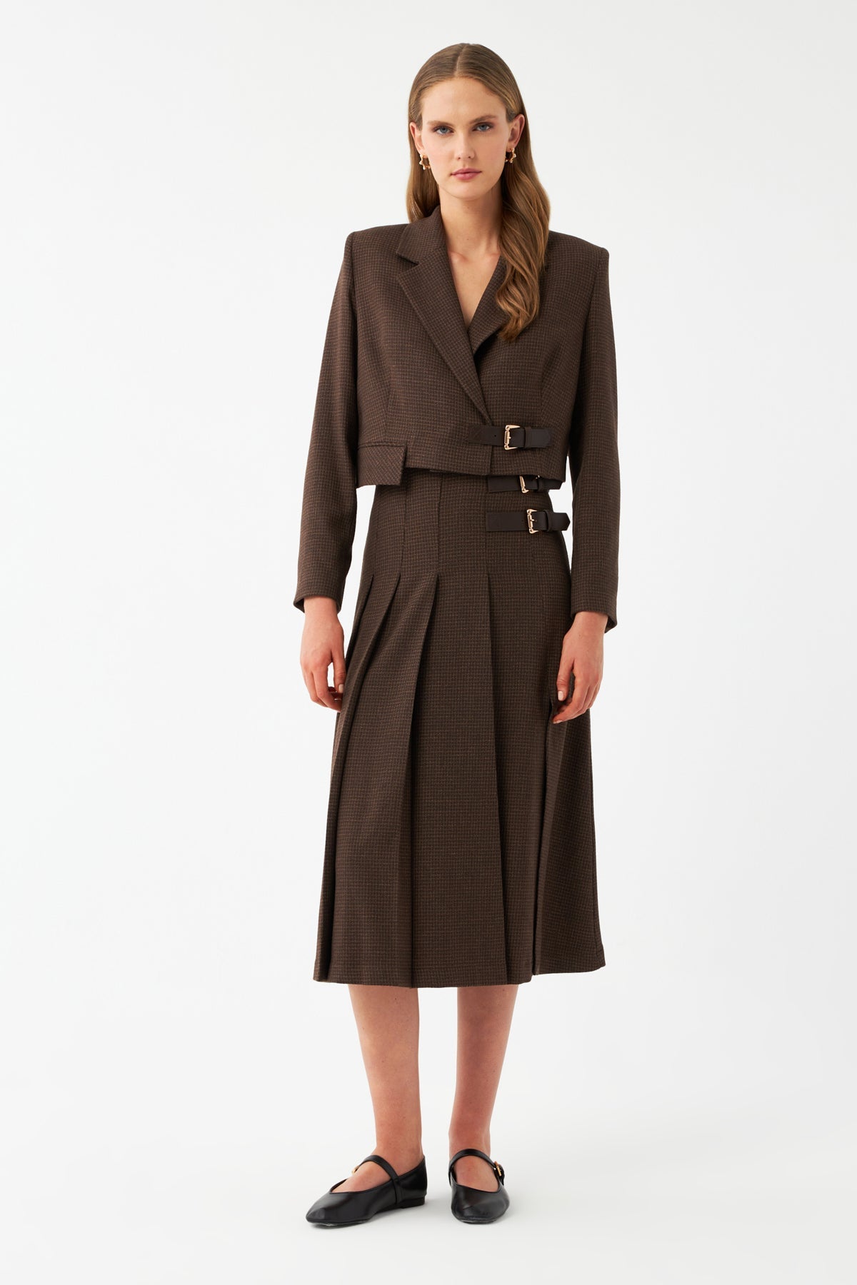 Yüksek Bel Pileli Midi Etek