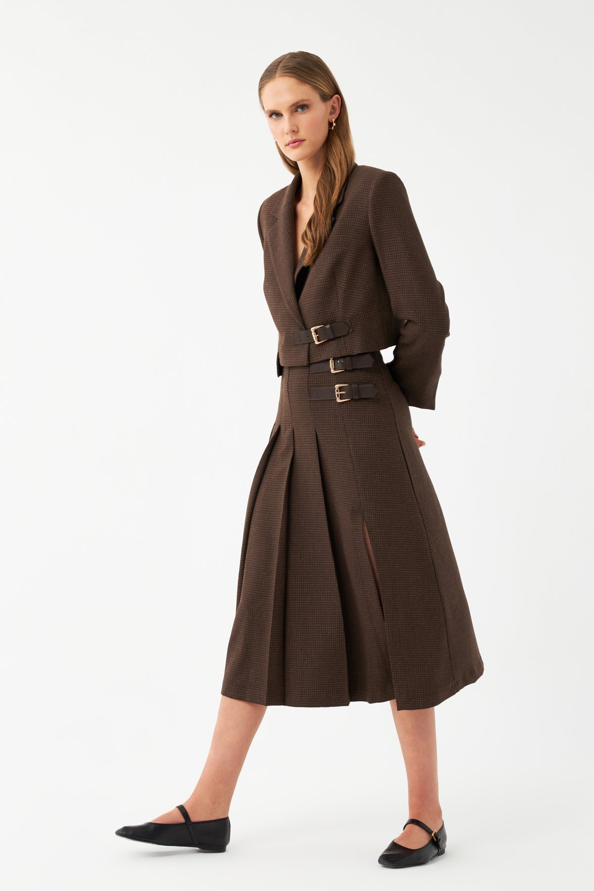 Yüksek Bel Pileli Midi Etek