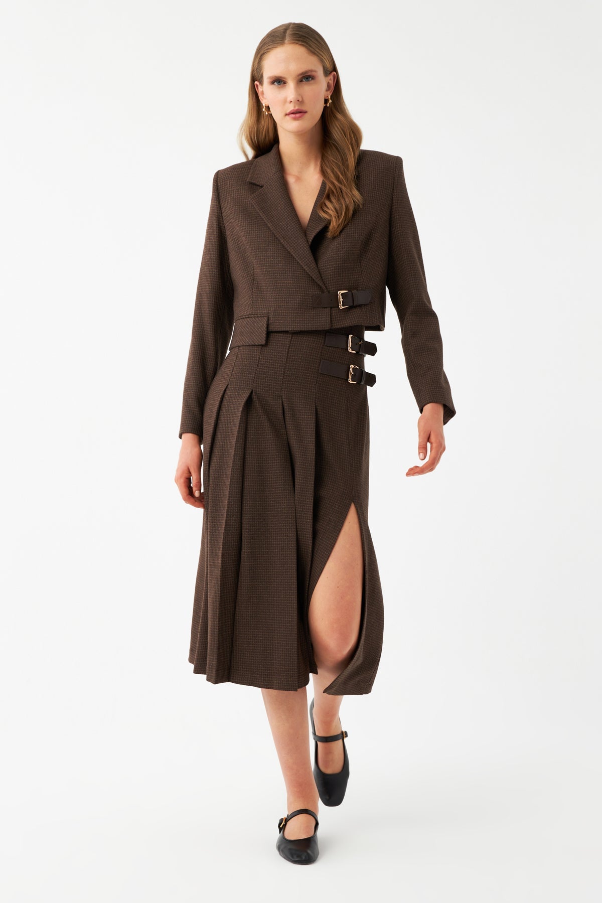 Yüksek Bel Pileli Midi Etek