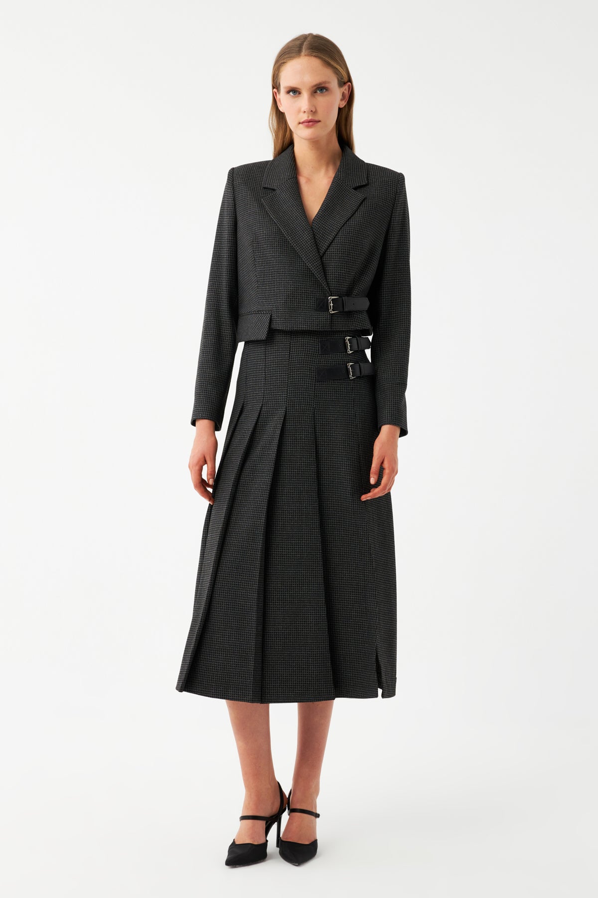 Yüksek Bel Pileli Midi Etek