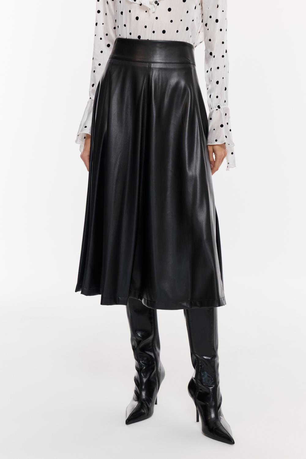 Suni Deri Pileli Midi Etek