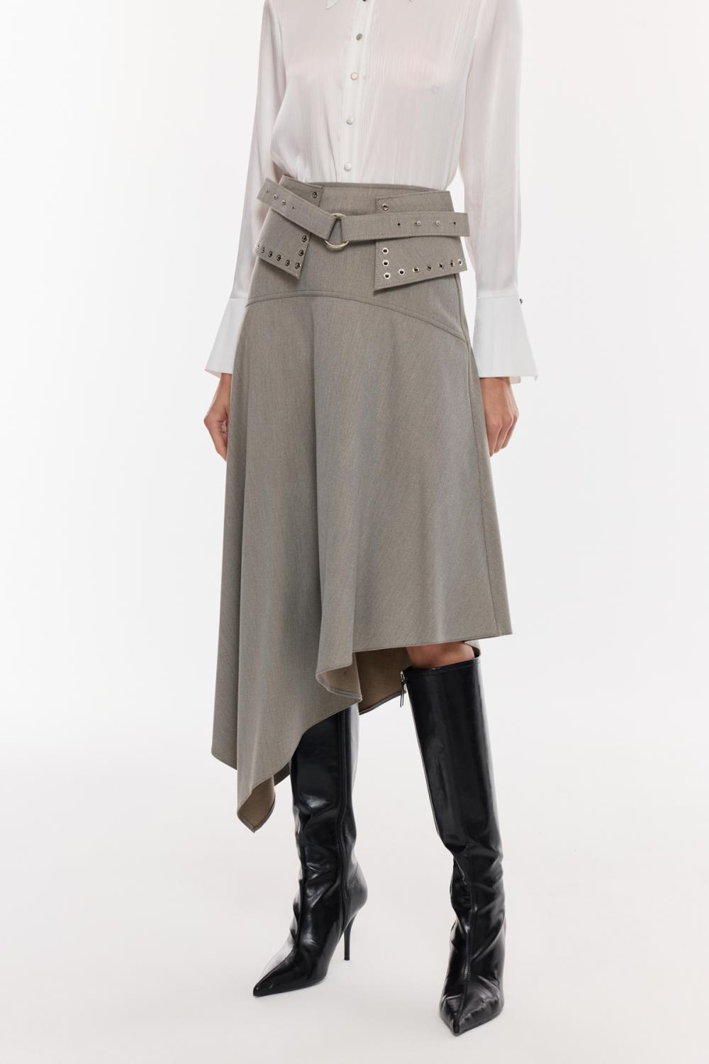 Kemer Detaylı Asimetrik Midi Etek