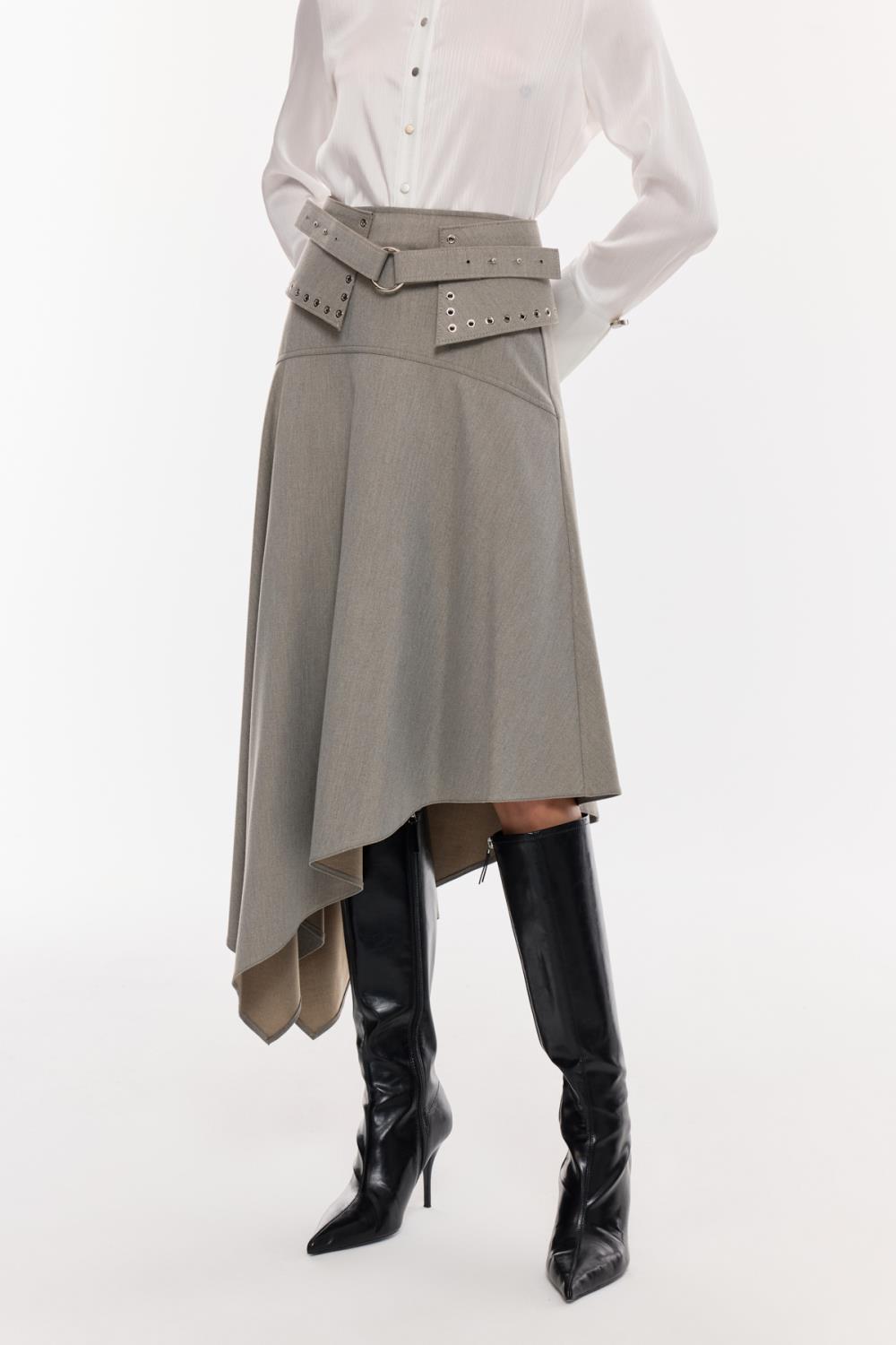 Kemer Detaylı Asimetrik Midi Etek