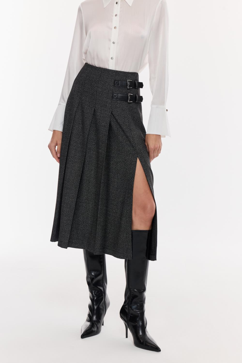 Tokalı Yırtmaç Detaylı Midi Etek