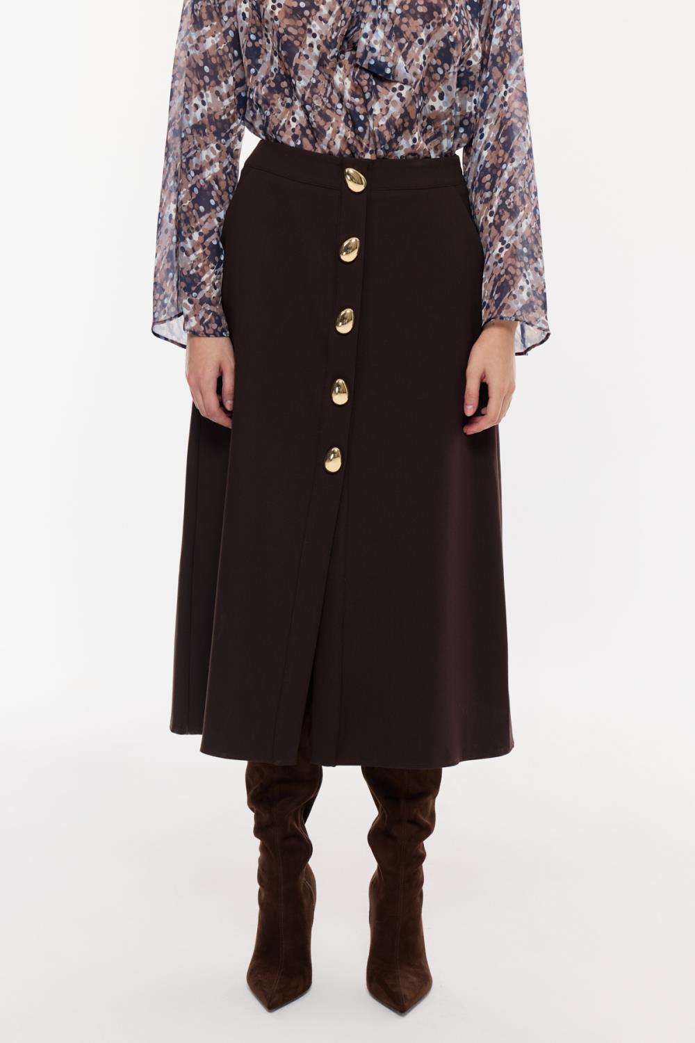 Düğme Detaylı Yüksek Bel Midi Etek