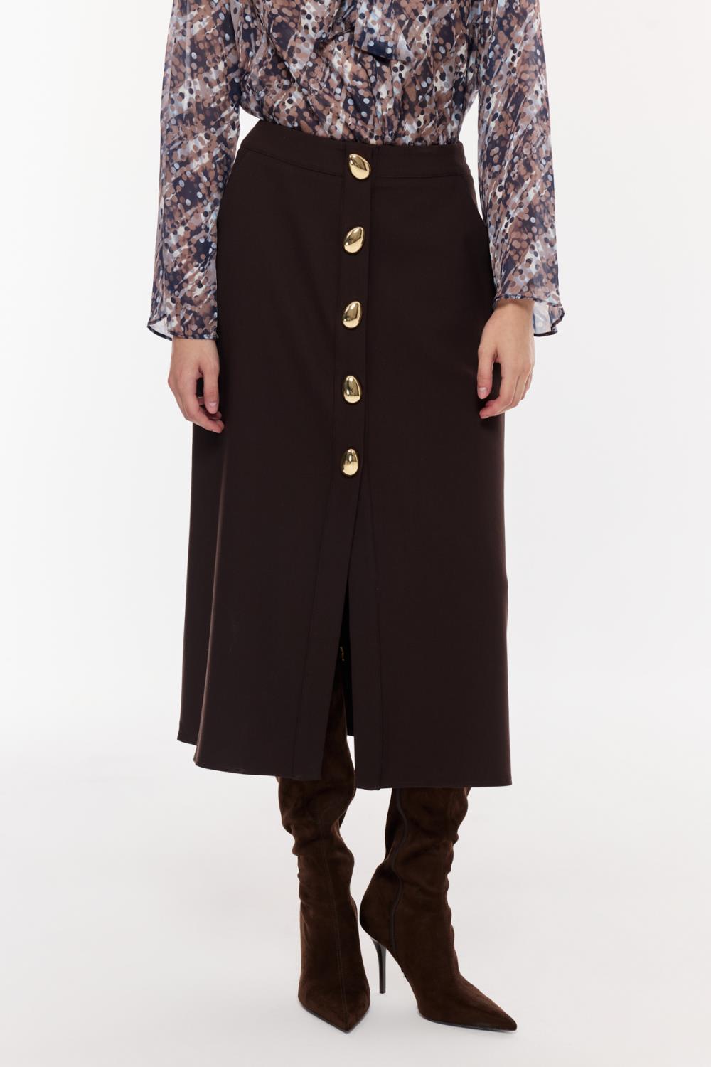 Düğme Detaylı Yüksek Bel Midi Etek