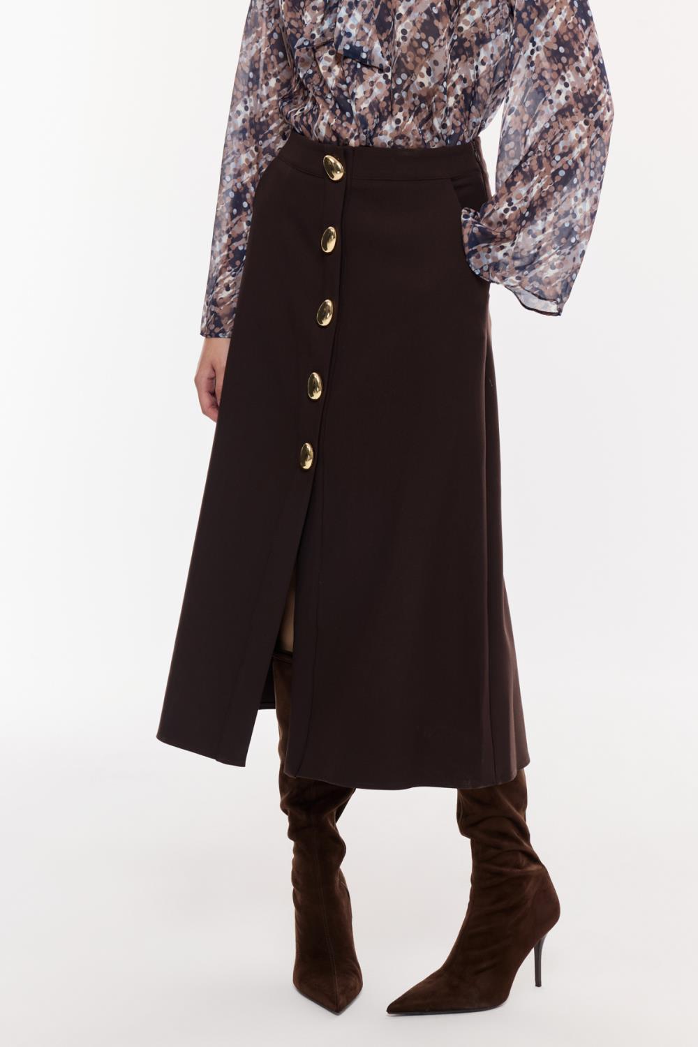 Düğme Detaylı Yüksek Bel Midi Etek