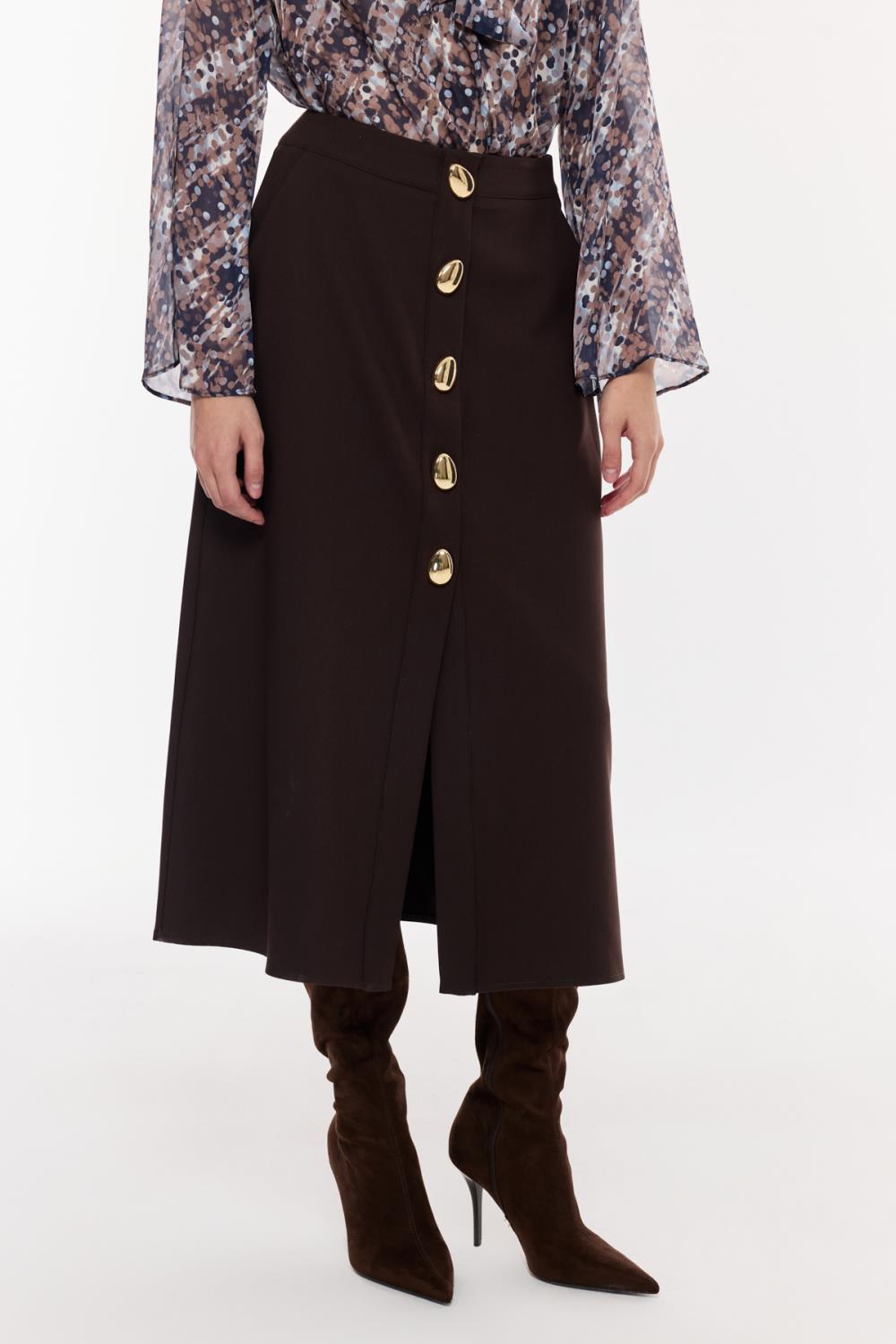 Düğme Detaylı Yüksek Bel Midi Etek
