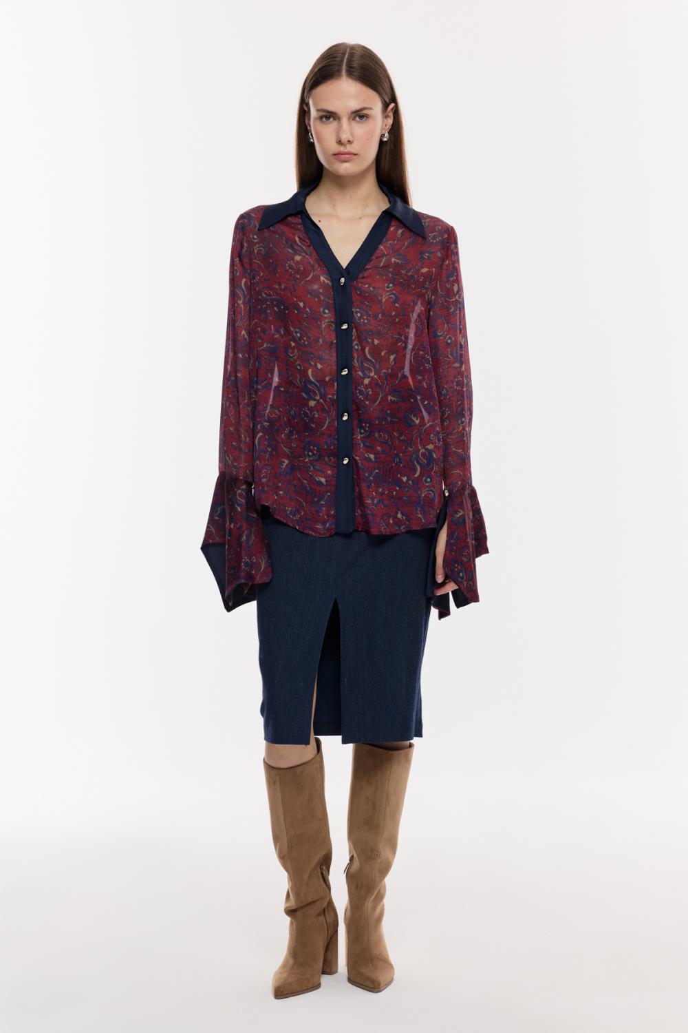 Desenli Şifon Geniş Manşetli Bluz