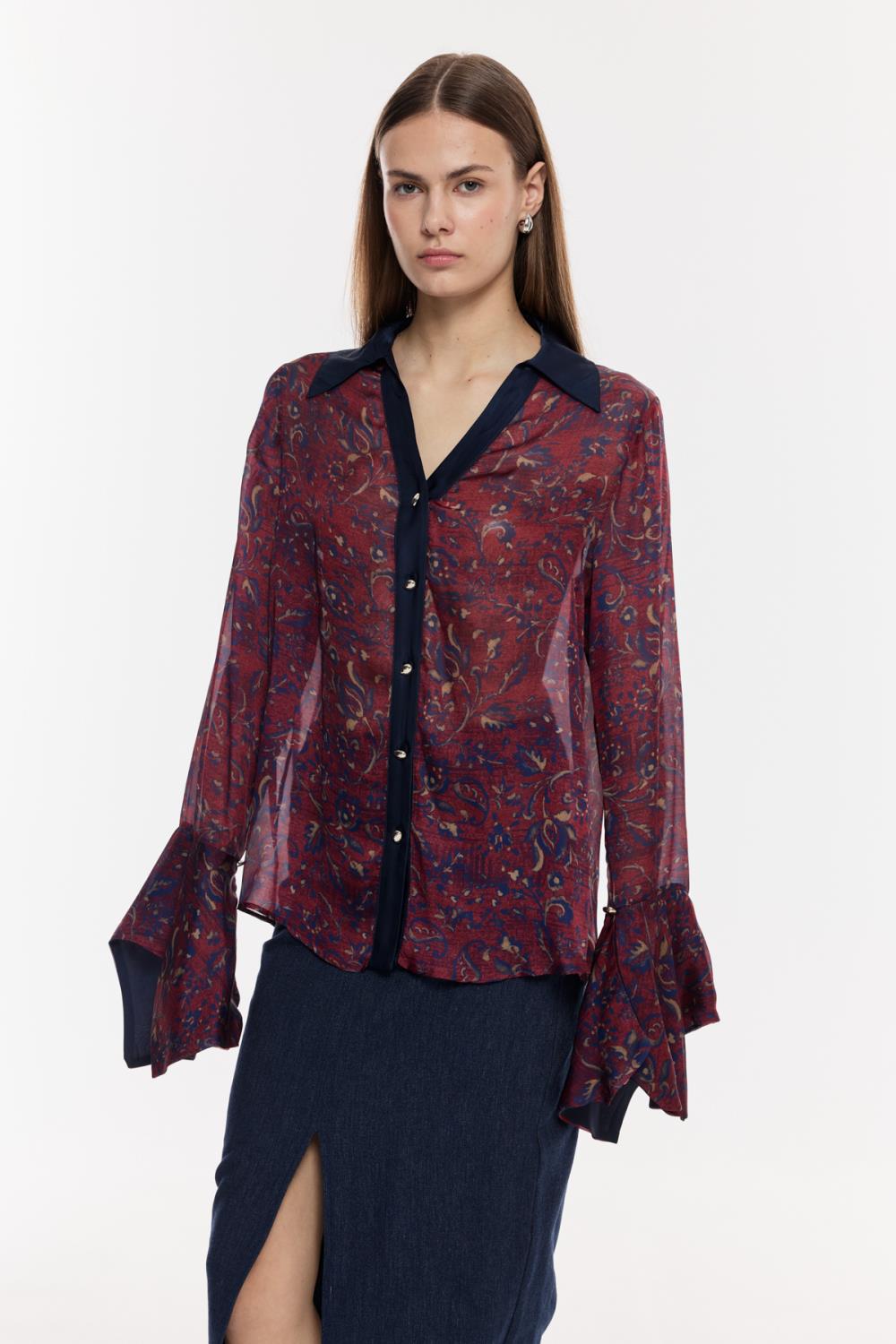 Desenli Şifon Geniş Manşetli Bluz